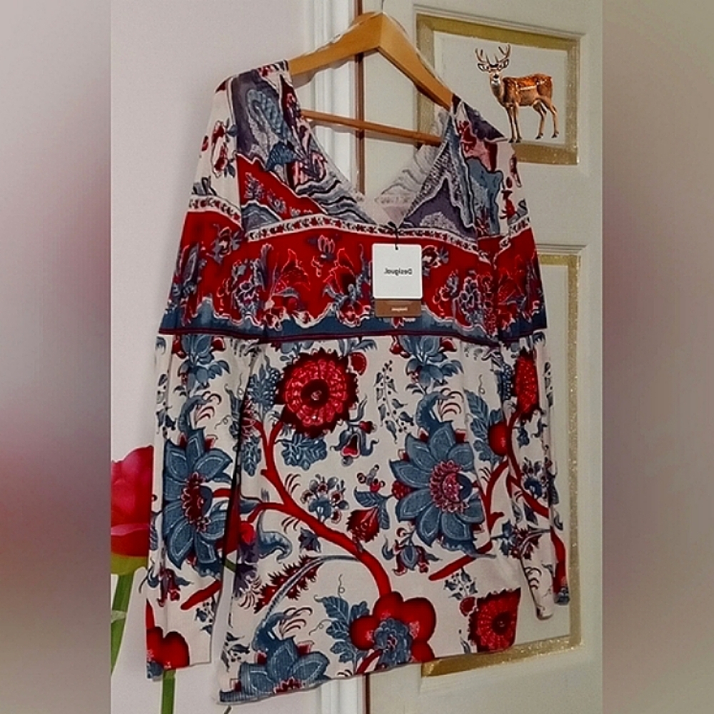 DESIGUAL🐞Floral Viscose Multicolored Long Sleeve V-Neck Sweater Sz: XXL-L
